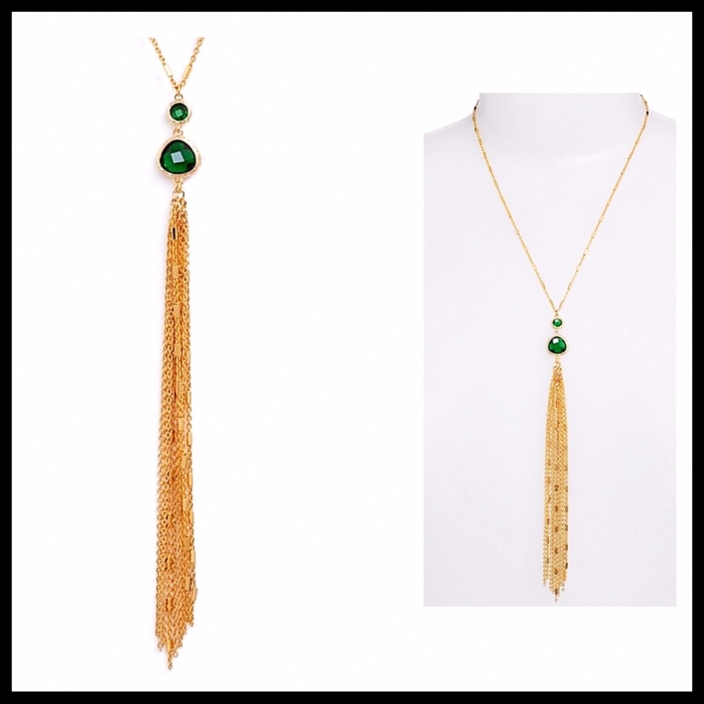 LONG EMERALD STONE TASSEL LONG NECKLACE A2C - Picture 7 of 8